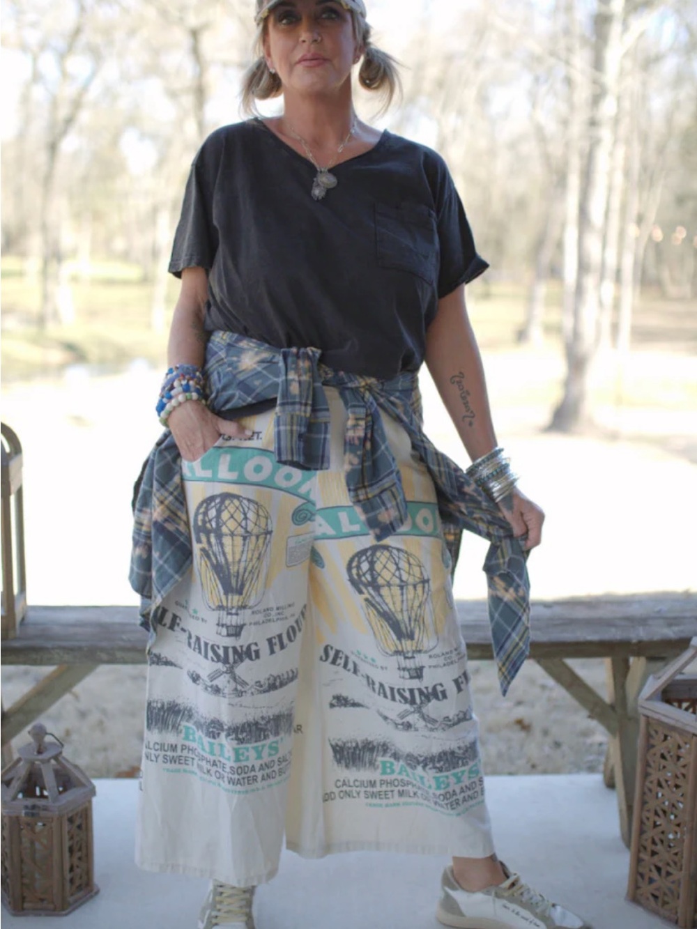 Jaded Gypsy Flour Sack Cream Graphic Wide-Leg Cotton Blend Pants
